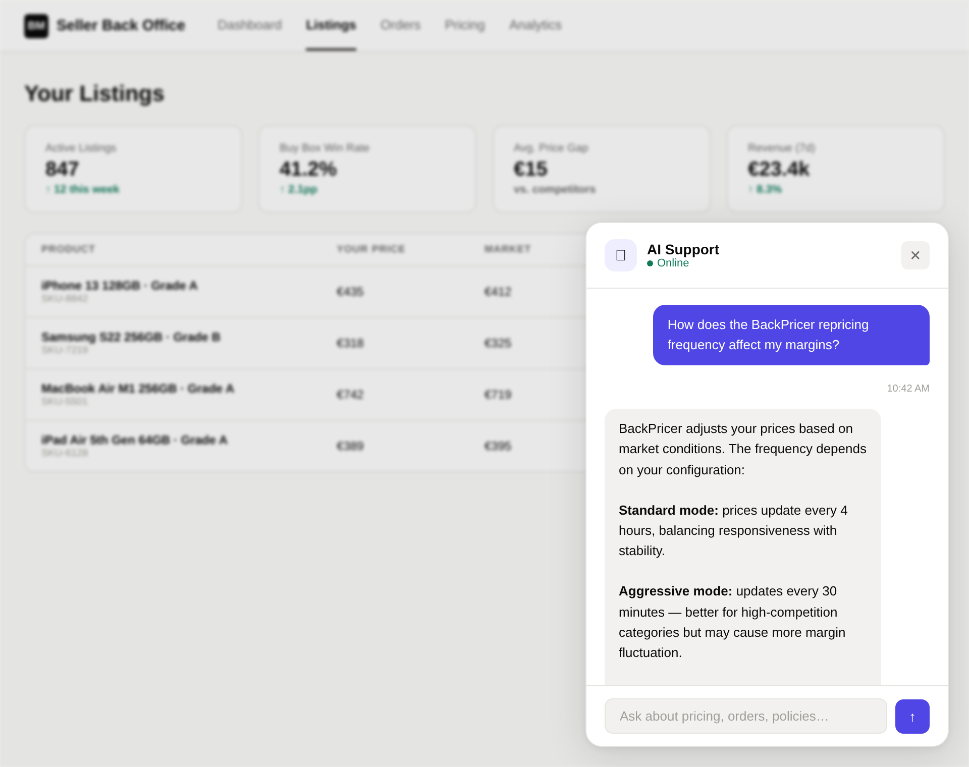 AI Support Assistant chat drawer floating over the Seller Back Office listings page