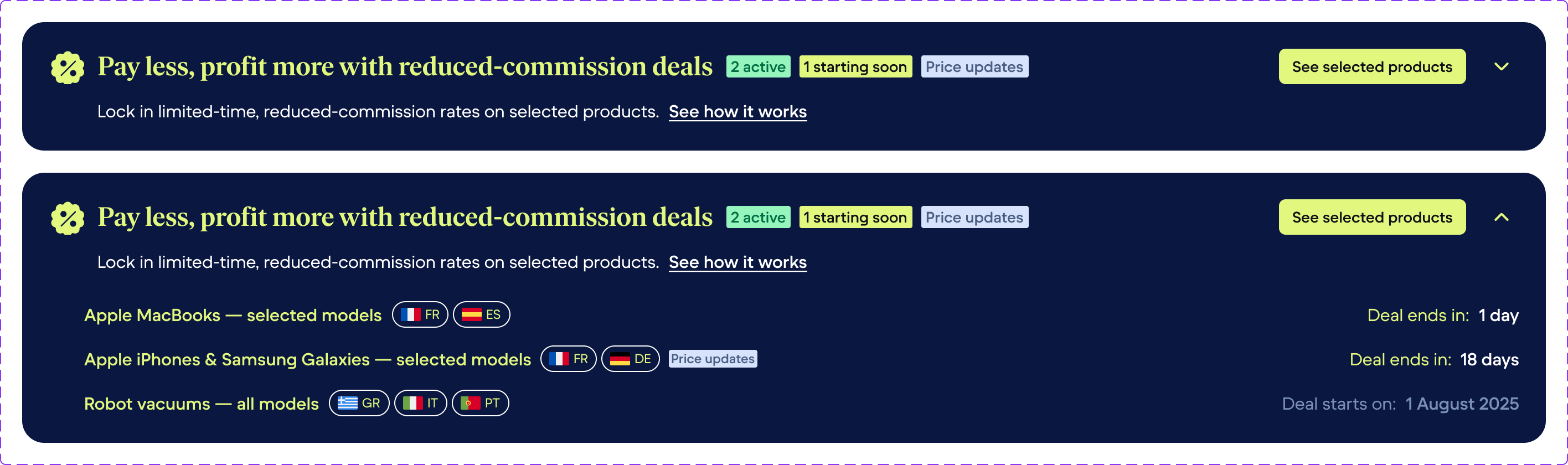Deals campaign banner with CSV export CTA