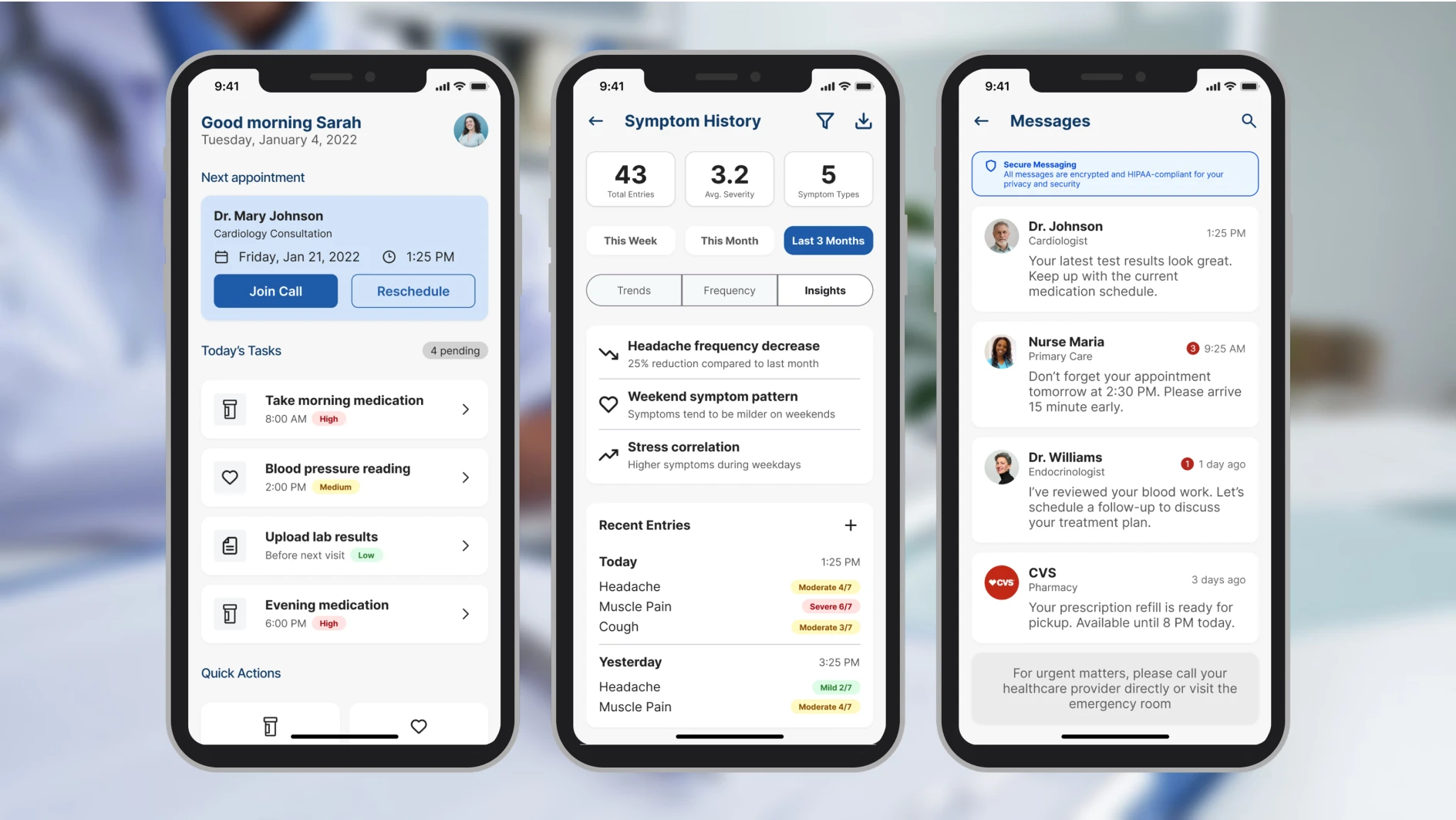 SoteriaMe: patient dashboard, symptom history, and messaging screens