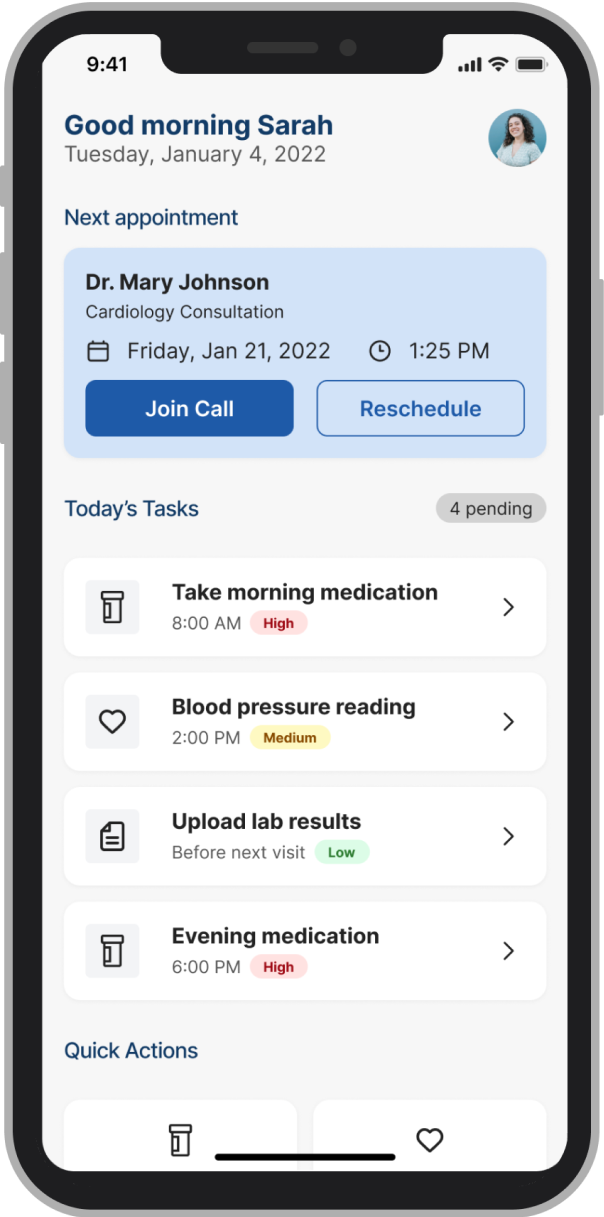 Revised design showing personalised greeting, next appointment card, and task list hierarchy