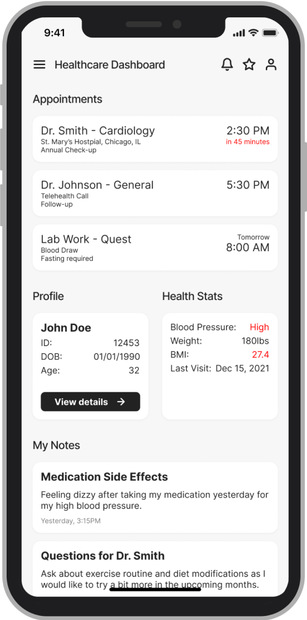 Early design showing a generic Healthcare Dashboard with appointments list, profile grid, and health stats