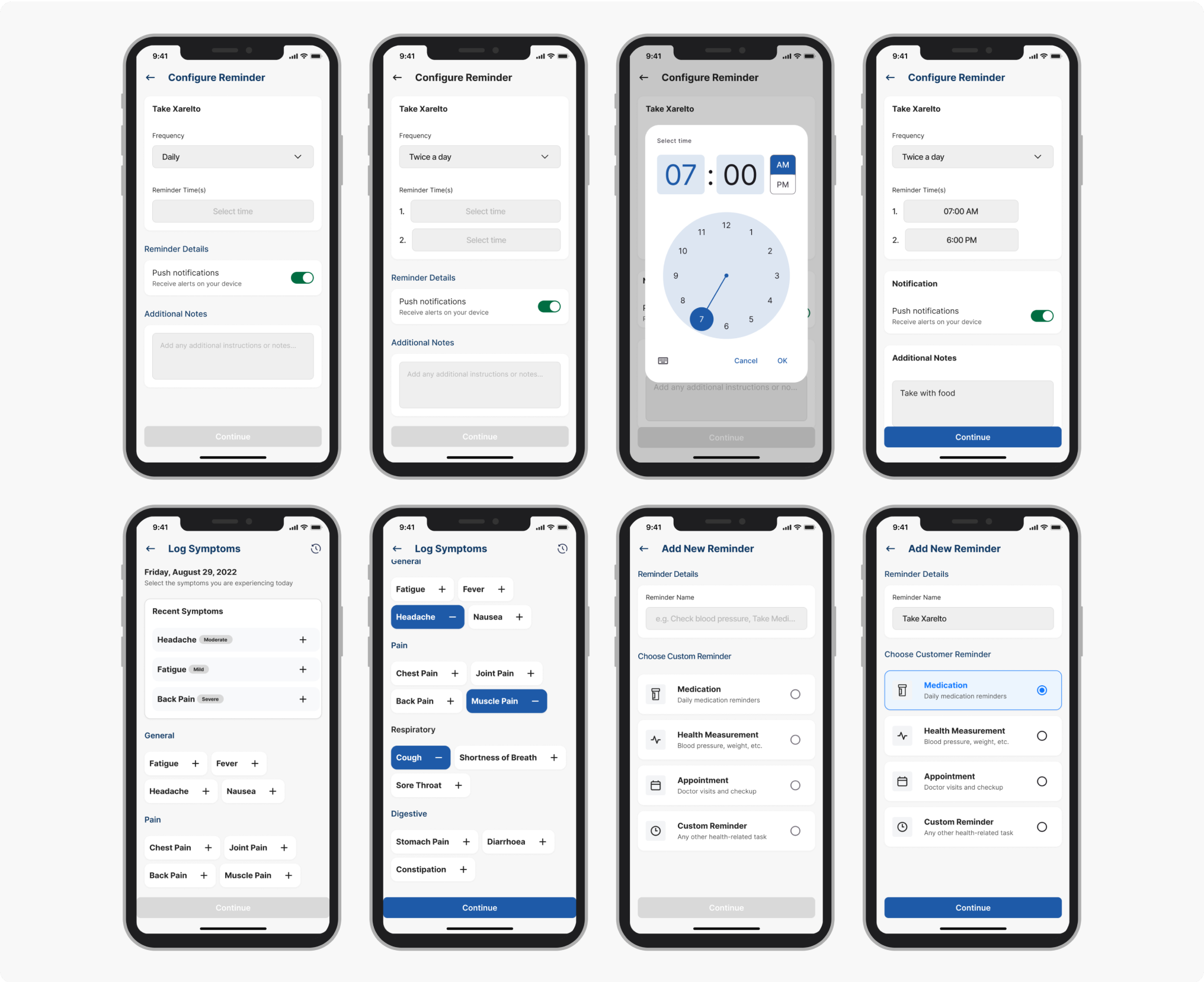 Eight screens showing the reminder setup flow and symptom logging flow in detail