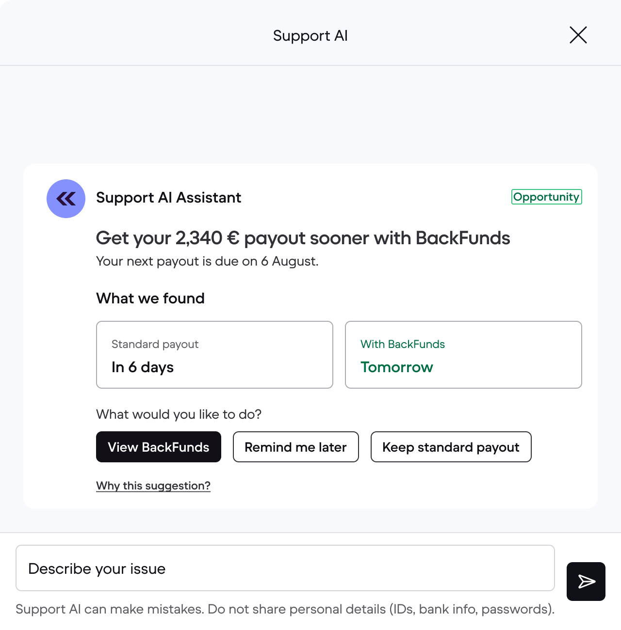 Concept mockup of the BackFunds introduction scenario in the Support AI drawer.