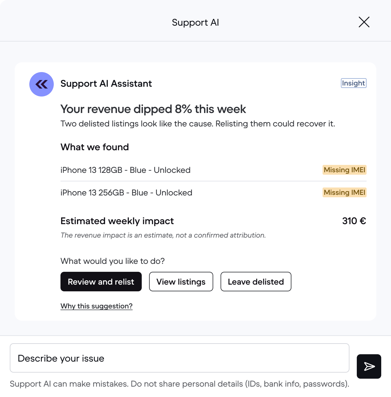 Concept mockup of the Revenue dip scenario in the Support AI drawer.