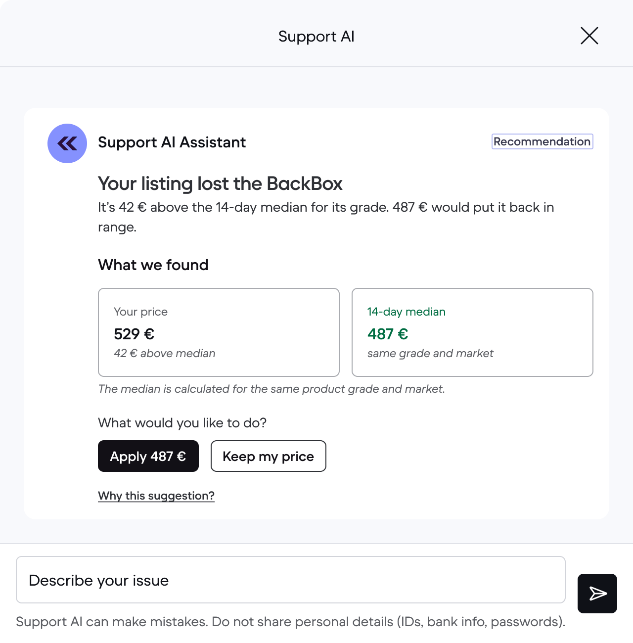 Concept mockup of the Price drift scenario in the Support AI drawer.