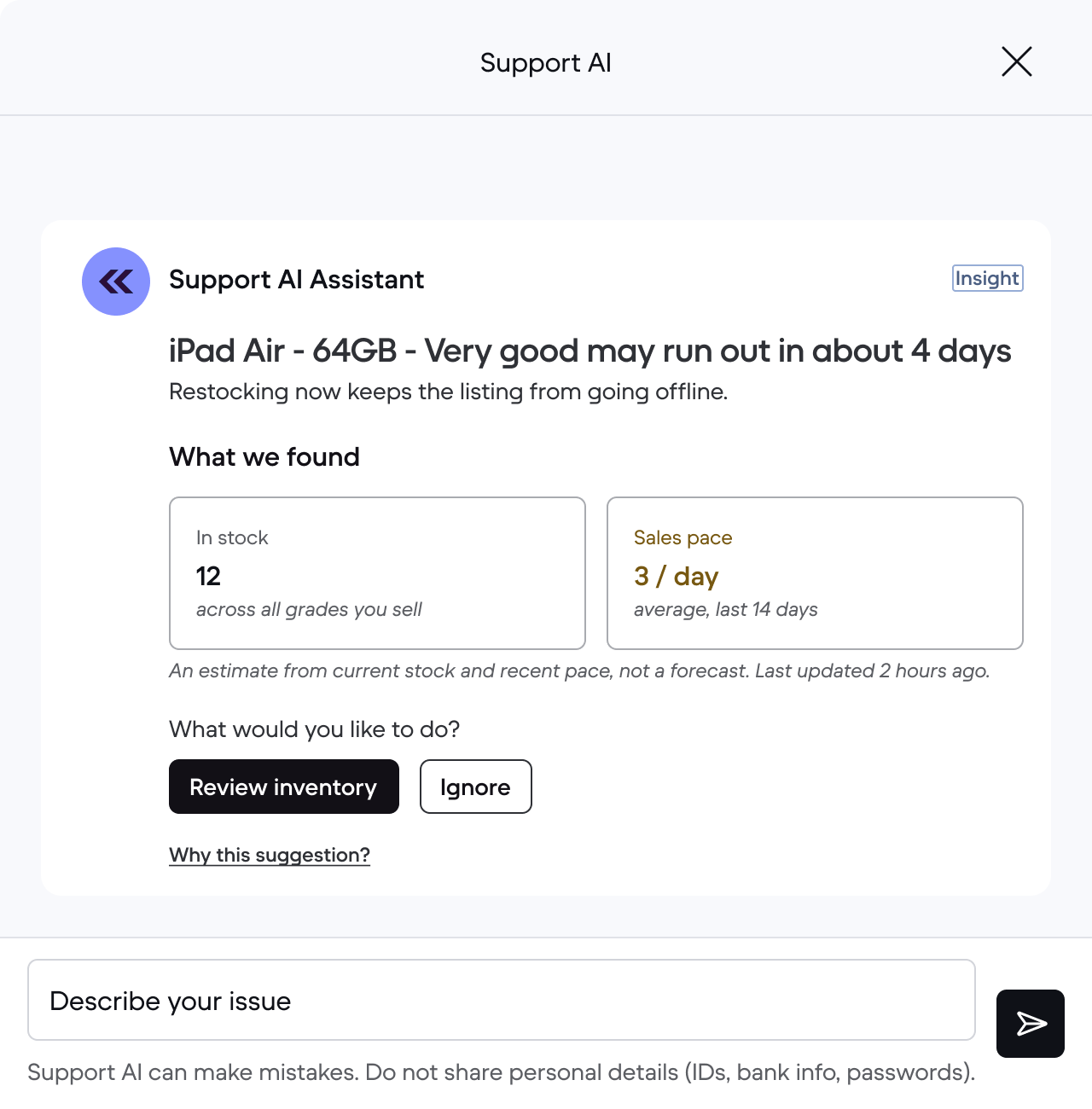 Concept mockup of the Stock-out ahead scenario in the Support AI drawer.