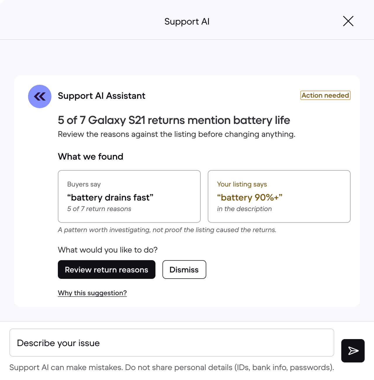 Concept mockup of the Returns cluster scenario in the Support AI drawer.