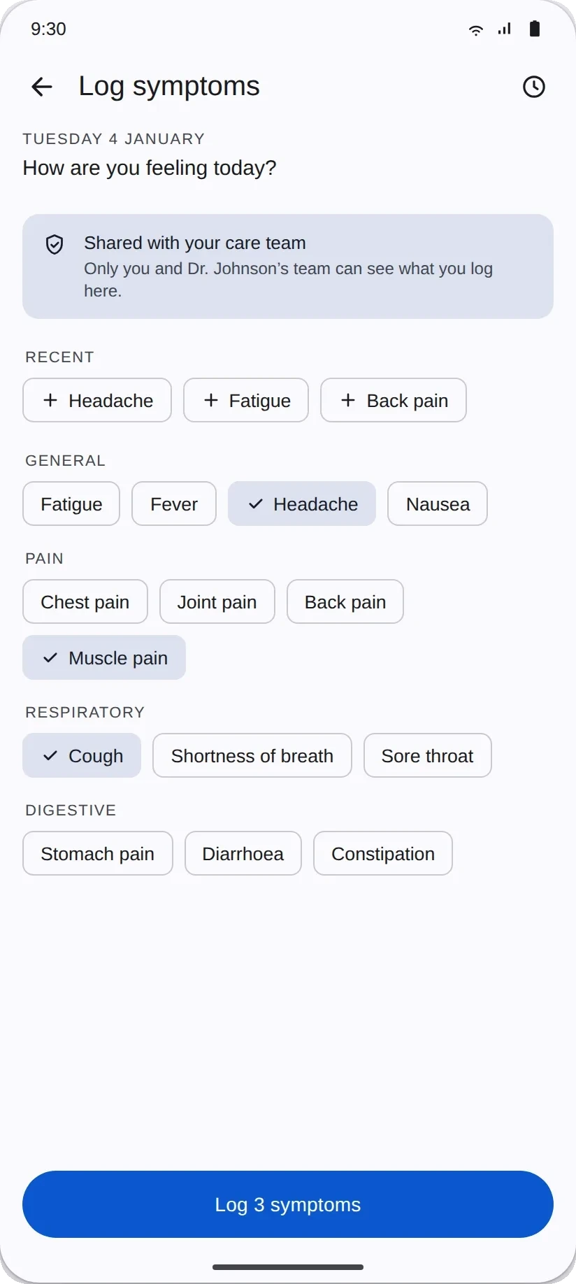 Log symptoms